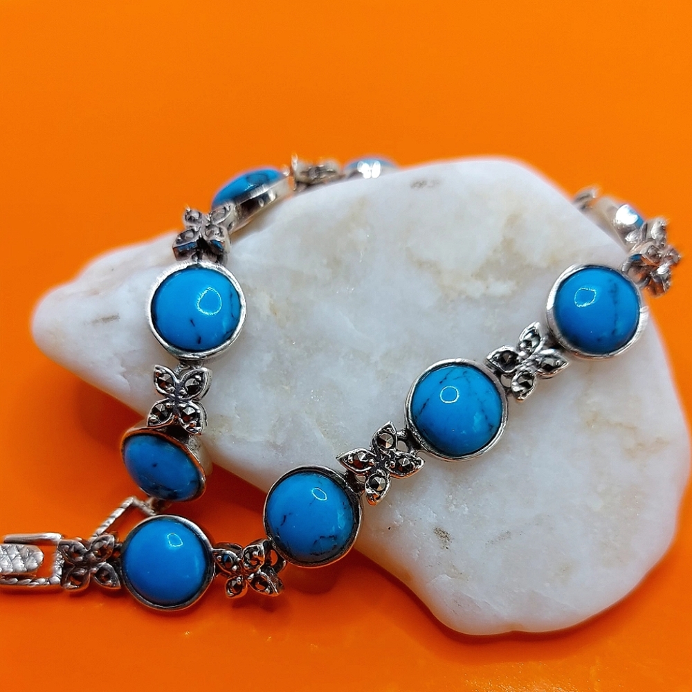 Stabilized Natural Turquoise 8mm & Marcasite 925 Sterling Silver Bracelet 7"
